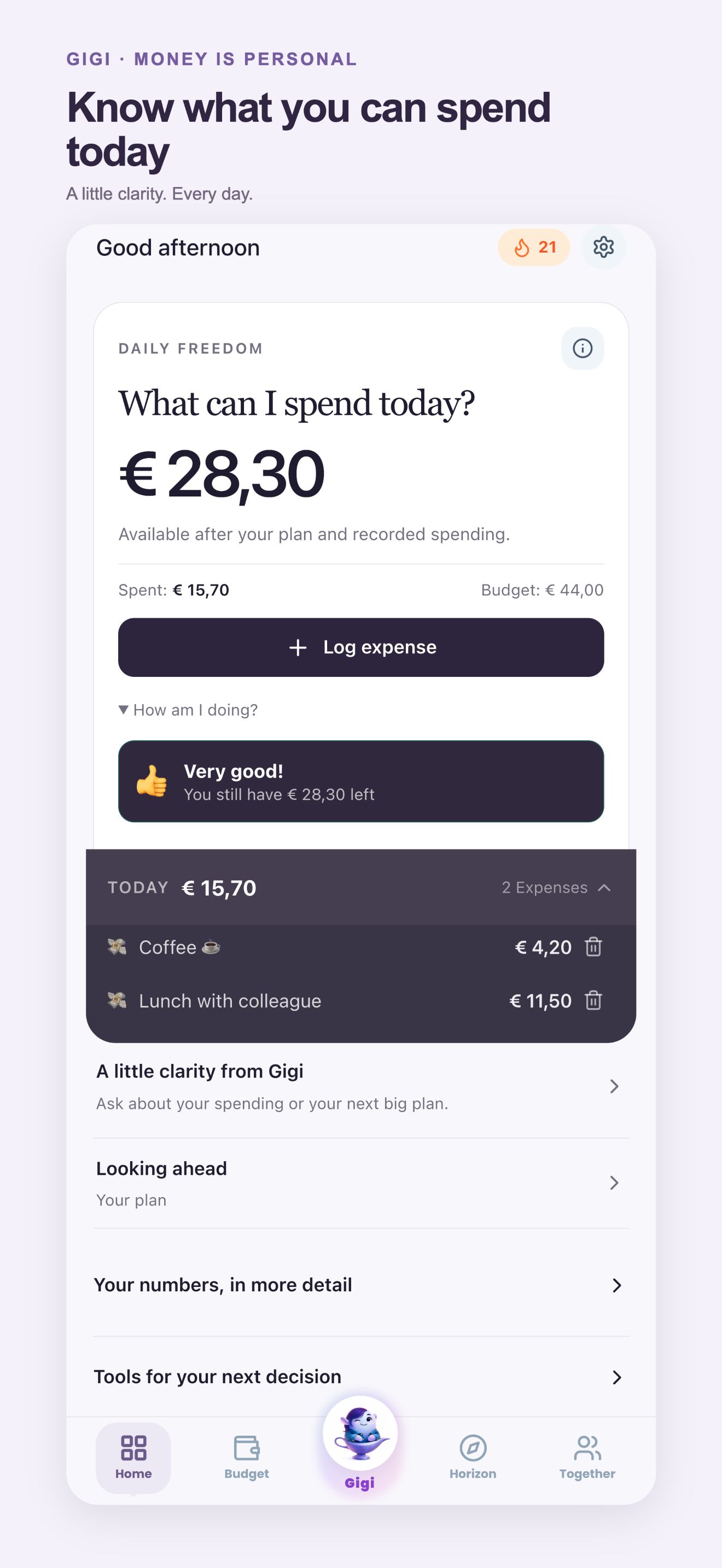 Light Daily Freedom screen showing €28.30 available, €15.70 spent and a daily budget of €44
