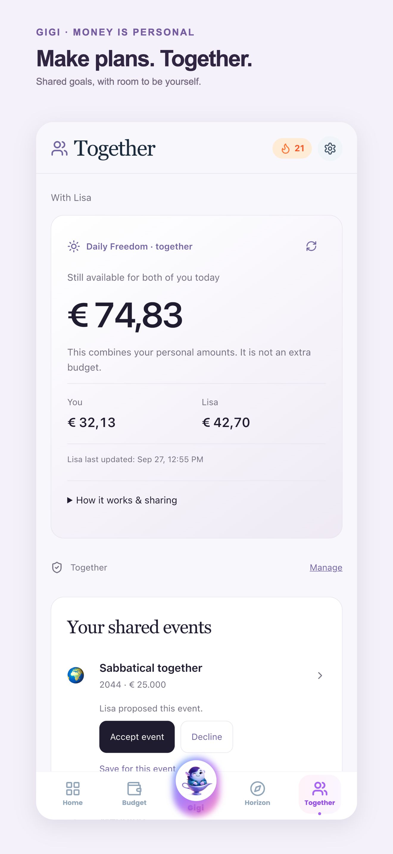 Together in the app with personal amounts and shared plans